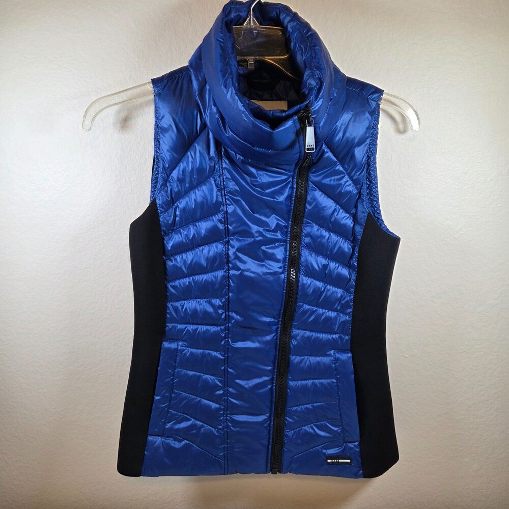 DKNY Sport Women’s XS Blue Quilted Puffer Vest Black Stretch Side Panels